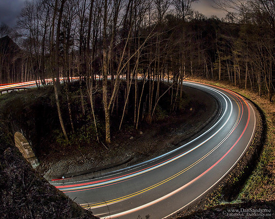 Night shot of the road heading from Clingman's Dome towards Pigeon Forge, KY