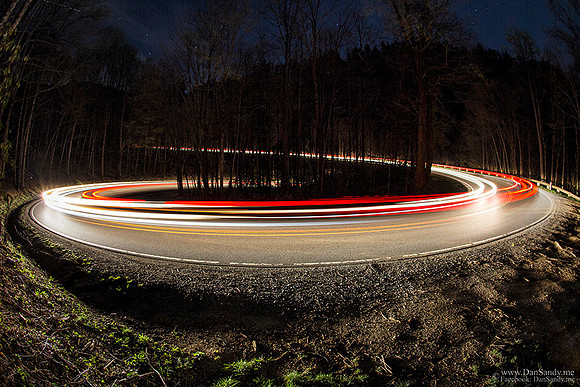 Night shot of the road heading from Clingman's Dome towards Pigeon Forge, KY