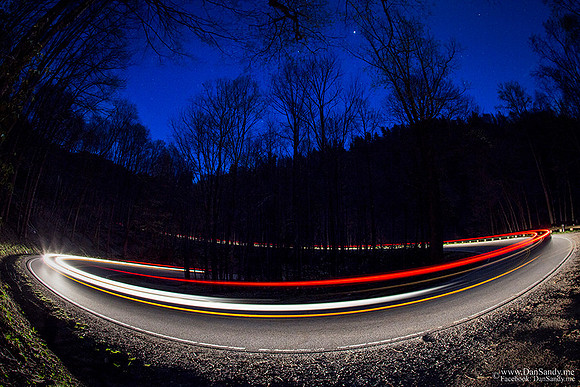 Night shot of the road heading from Clingman's Dome towards Pigeon Forge, KY