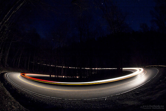 Night shot of the road heading from Clingman's Dome towards Pigeon Forge, KY